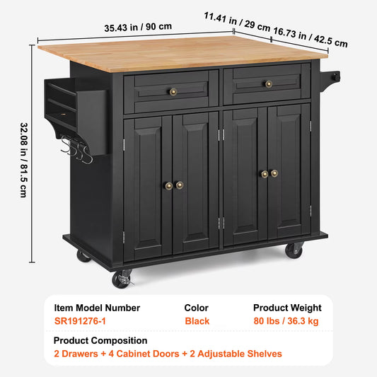 43" Kitchen Island Cart Wood Top Mobile Carts with Storage Cabinet Rolling Table with Drop Leaf Spice Rack Towel Bar Black