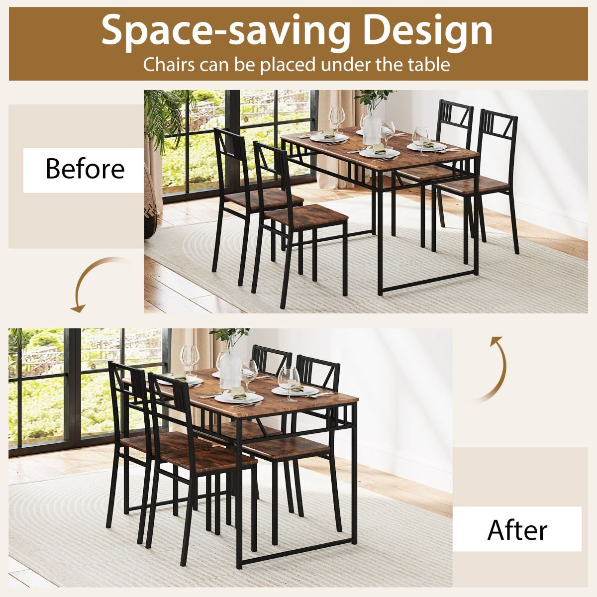 Stylish Industrial Kitchen Table Set with 4 Chairs - Wood-Look Top & Sturdy Metal Frame