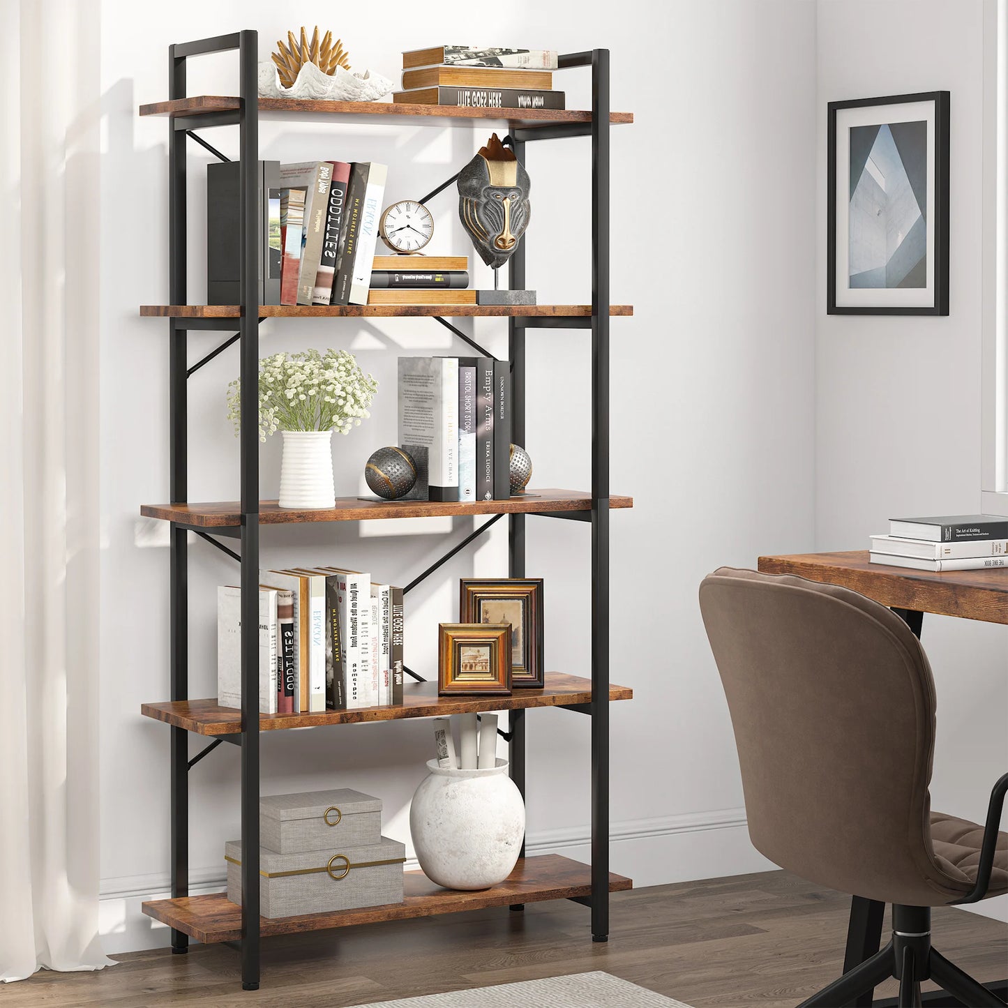 Stylish Industrial Tall Bookshelf - Wood & Metal Open Shelf Storage Unit