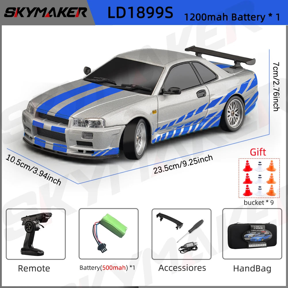 LD1899 1/18 Scale GTR R34 RC Drifting Car - High-Speed Alloy Body with Gyroscope & 2.4GHz RWD Remote Control Racing Vehicle