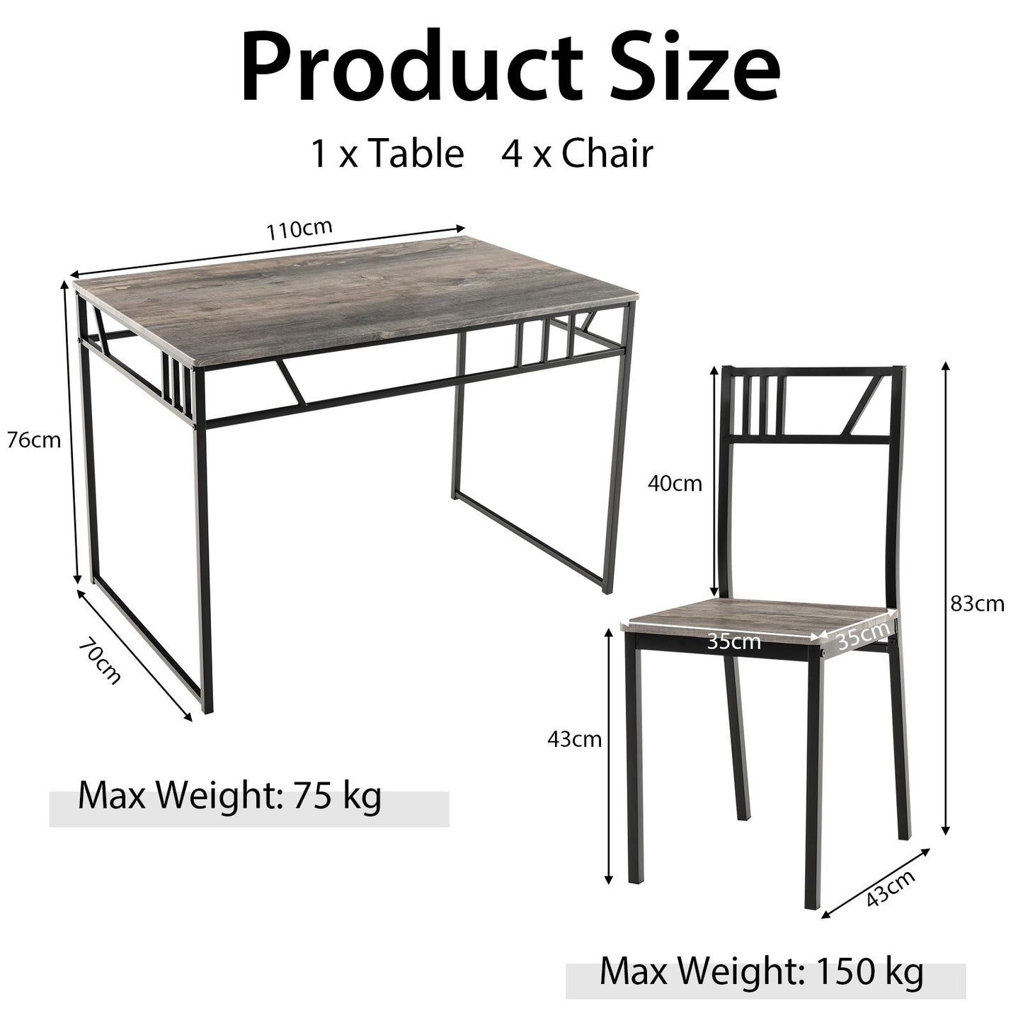 Stylish Industrial Kitchen Table Set with 4 Chairs - Wood-Look Top & Sturdy Metal Frame