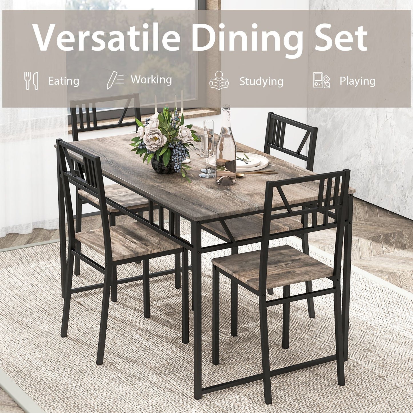 Stylish Industrial Kitchen Table Set with 4 Chairs - Wood-Look Top & Sturdy Metal Frame