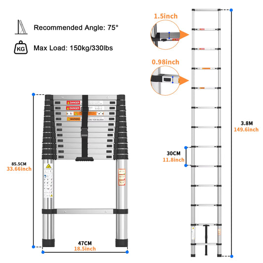 3.8M Telescopic Ladder Stainless Steel Convenient Extendable Folding Ladder,Easy to Carry, Suitable for Pulling Walls, Changing