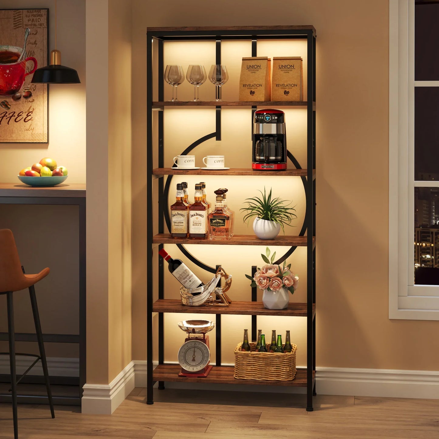 Stylish Industrial Tall Bookshelf - Wood & Metal Open Shelf Storage Unit