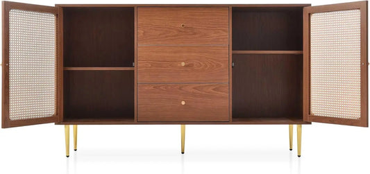 Stylish Walnut Rattan Sideboard Cabinet with 2 Doors, 3 Drawers, and Adjustable Shelf - Perfect for Your Living Room!