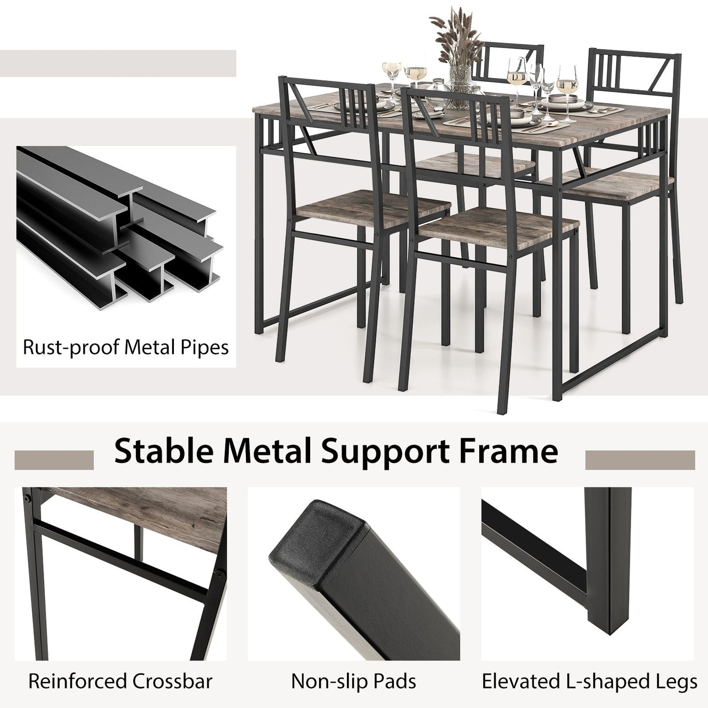 Stylish Industrial Kitchen Table Set with 4 Chairs - Wood-Look Top & Sturdy Metal Frame