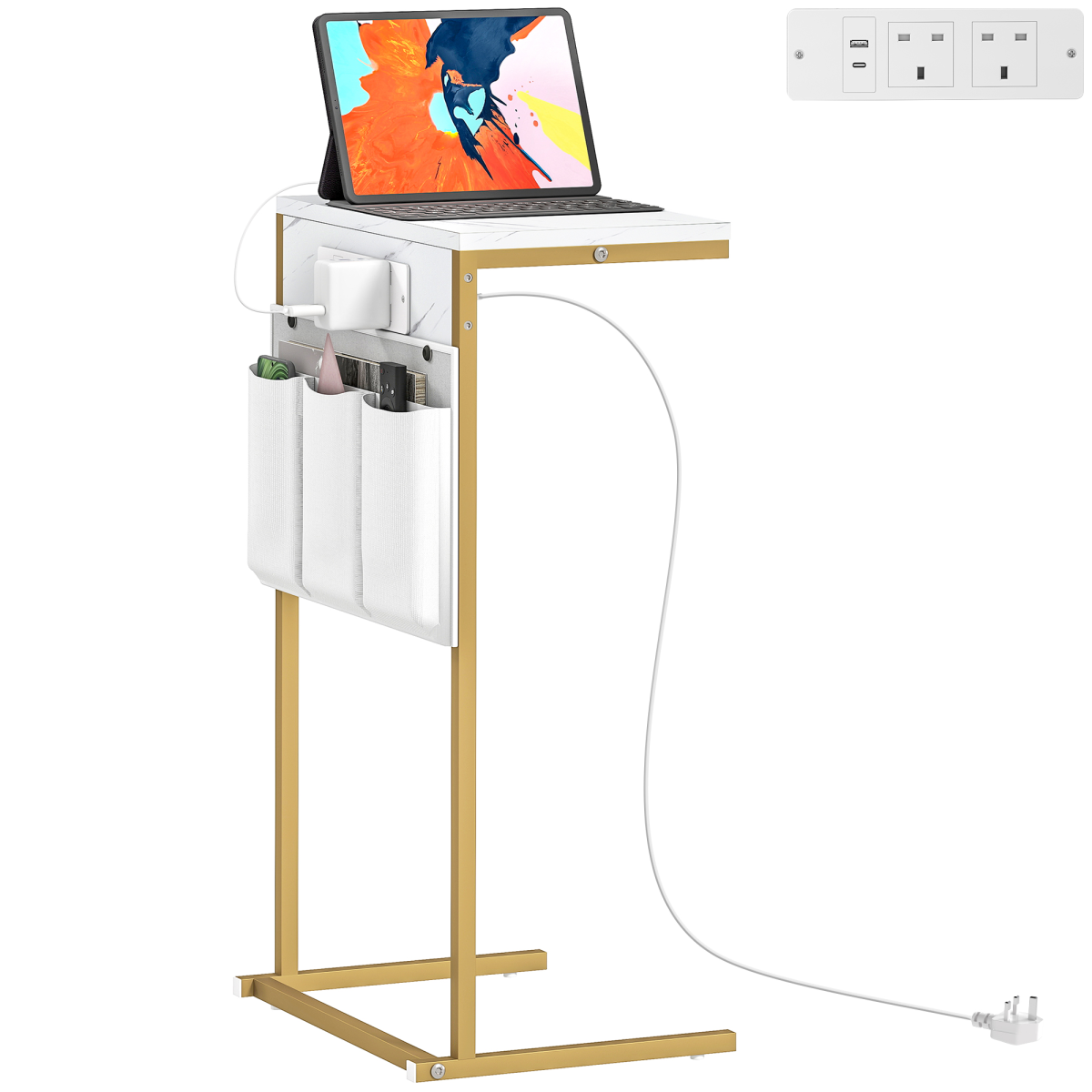 C-Shaped Side Table & Charging Station: Modern Marble Design & Storage