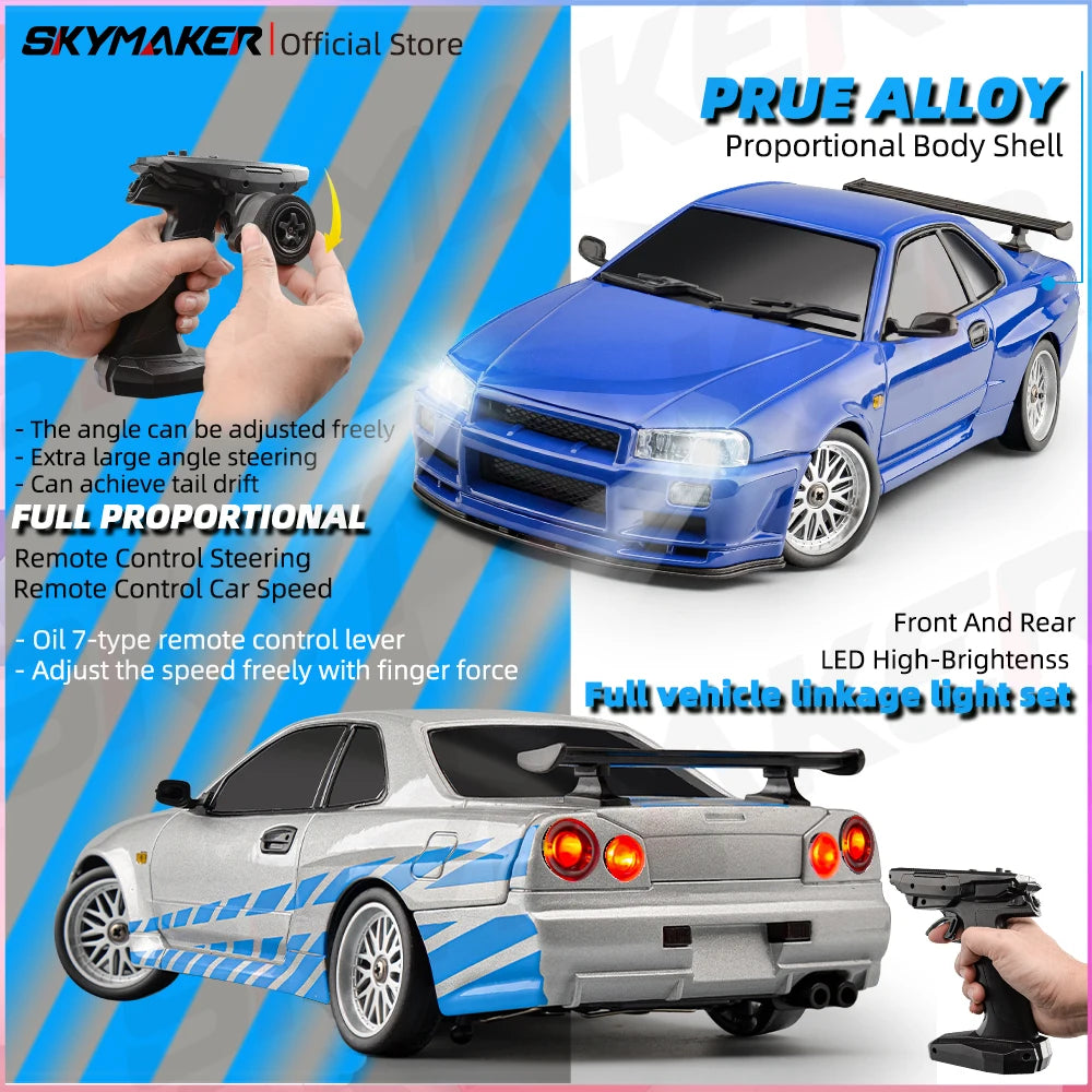 LD1899 1/18 Scale GTR R34 RC Drifting Car - High-Speed Alloy Body with Gyroscope & 2.4GHz RWD Remote Control Racing Vehicle