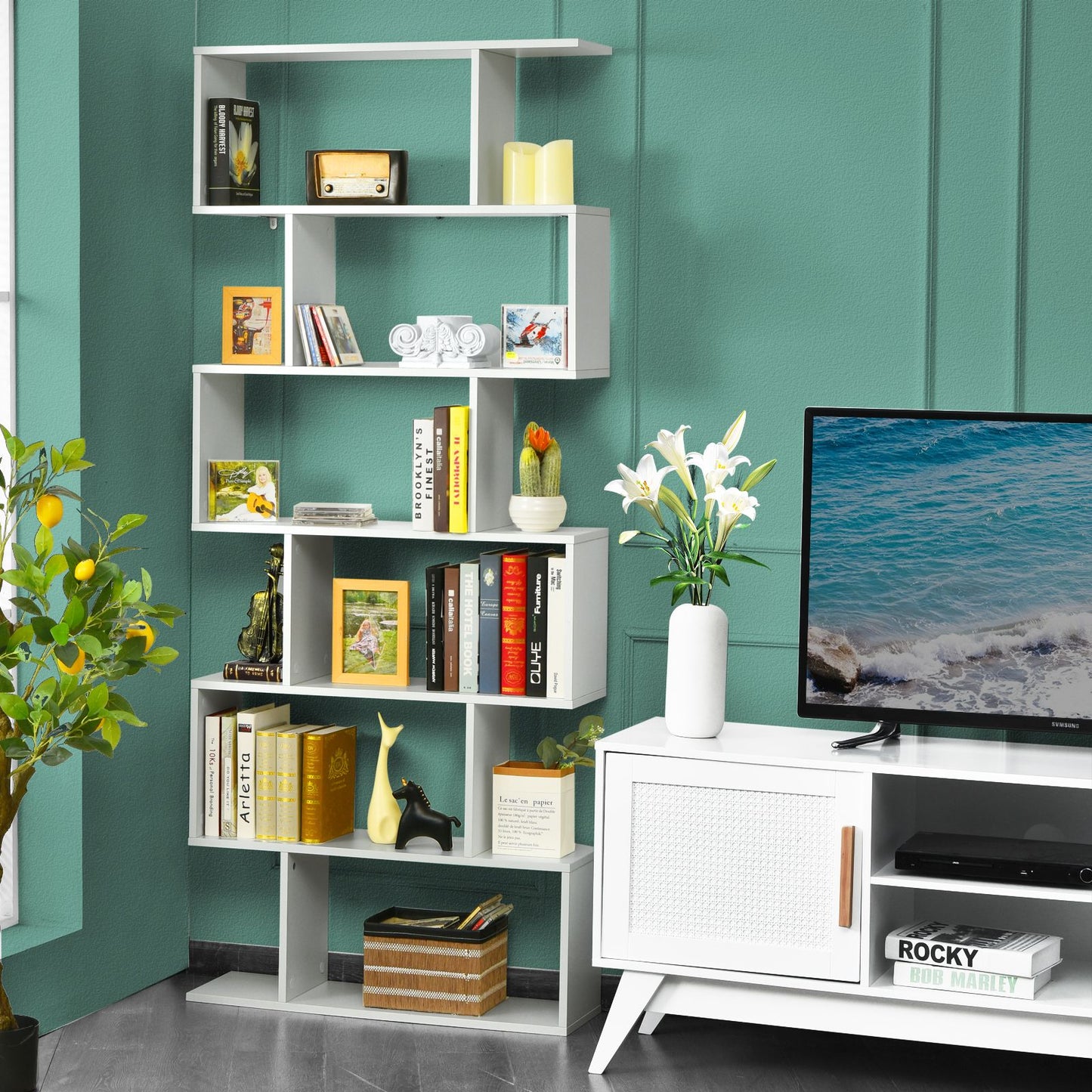 Stylish 6-Tier S-Shaped Wooden Industrial Bookshelf - Perfect for Home or Office Decor
