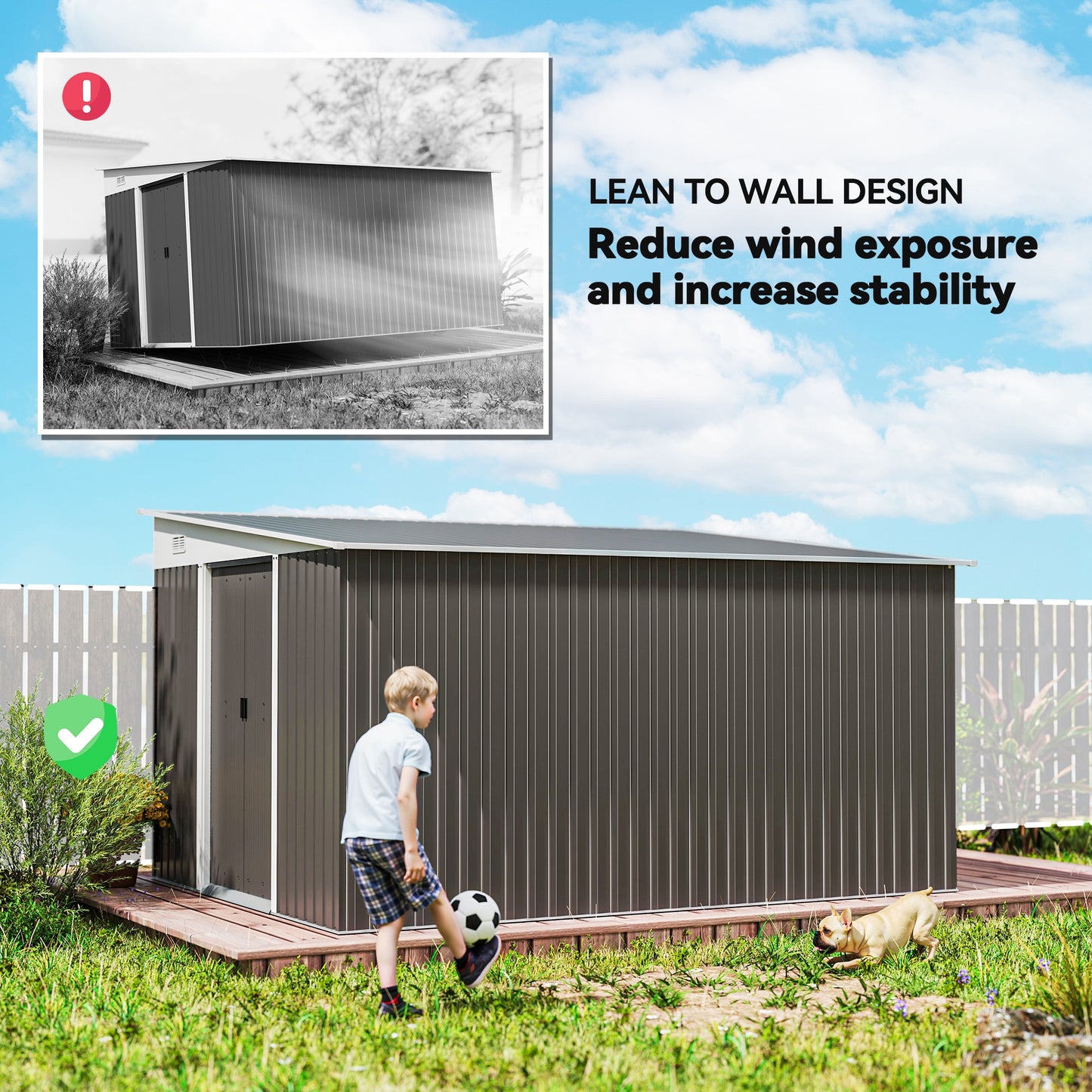 Outdoor 11.3x9.2ft Steel Garden Shed with Double Doors & Vents – Grey