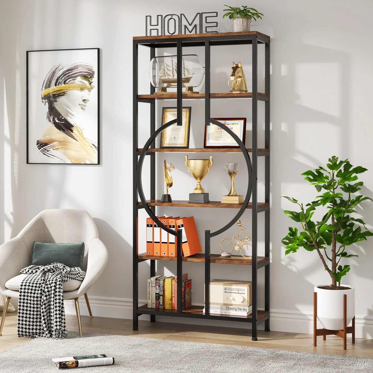 Stylish Industrial Tall Bookshelf - Wood & Metal Open Shelf Storage Unit
