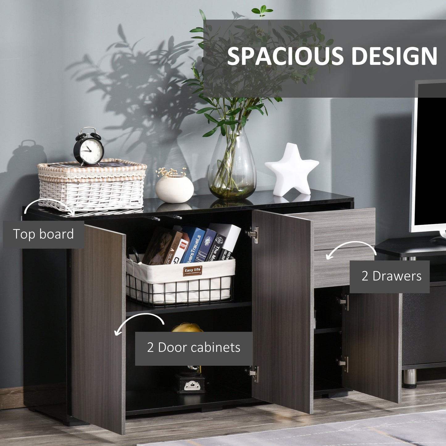 Elegant Dual-Finish Side Cabinet: 2 Doors + 2 Drawers for Stylish Organization