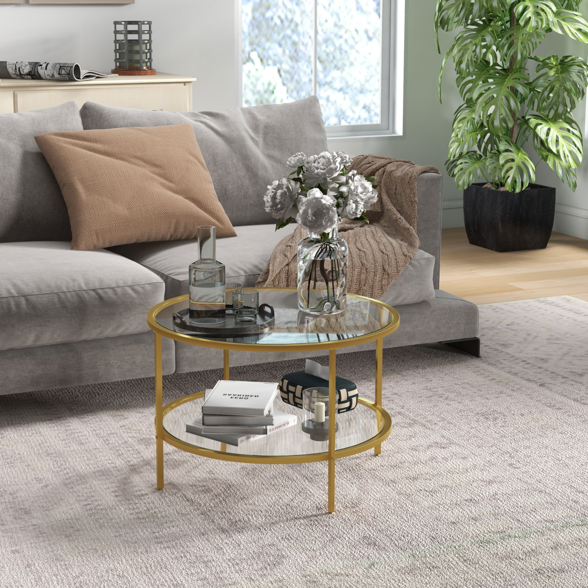 Elegant Gold Round Coffee Table with Storage Shelf & Sleek Glass Top