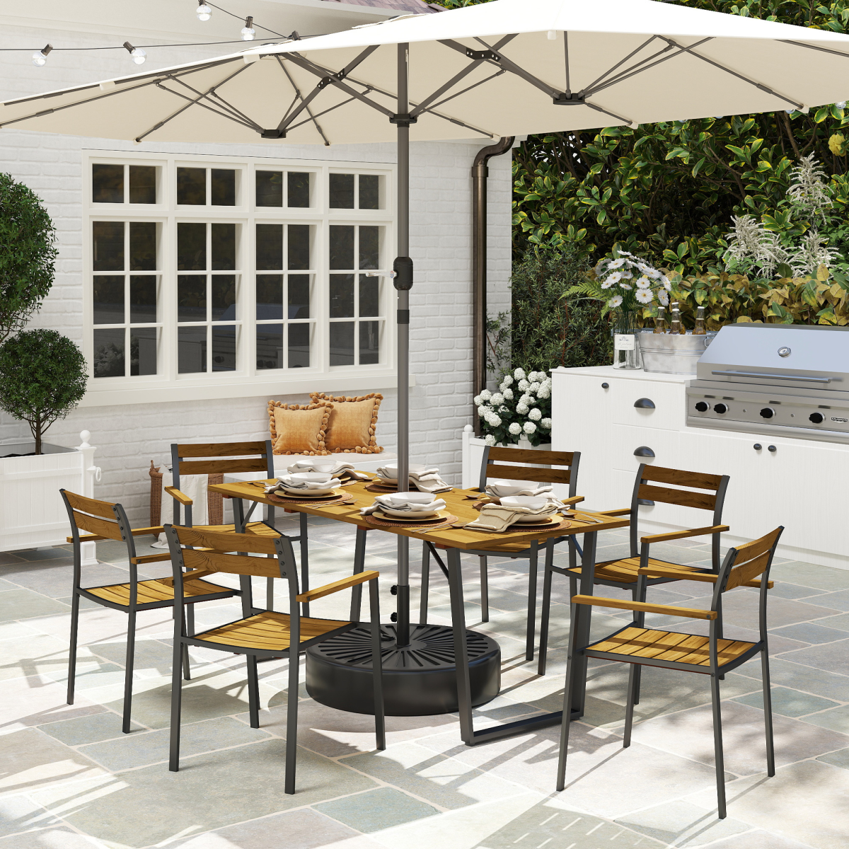Chic 7-Piece Garden Dining Set: Table & 6 Stacking Chairs, Brown