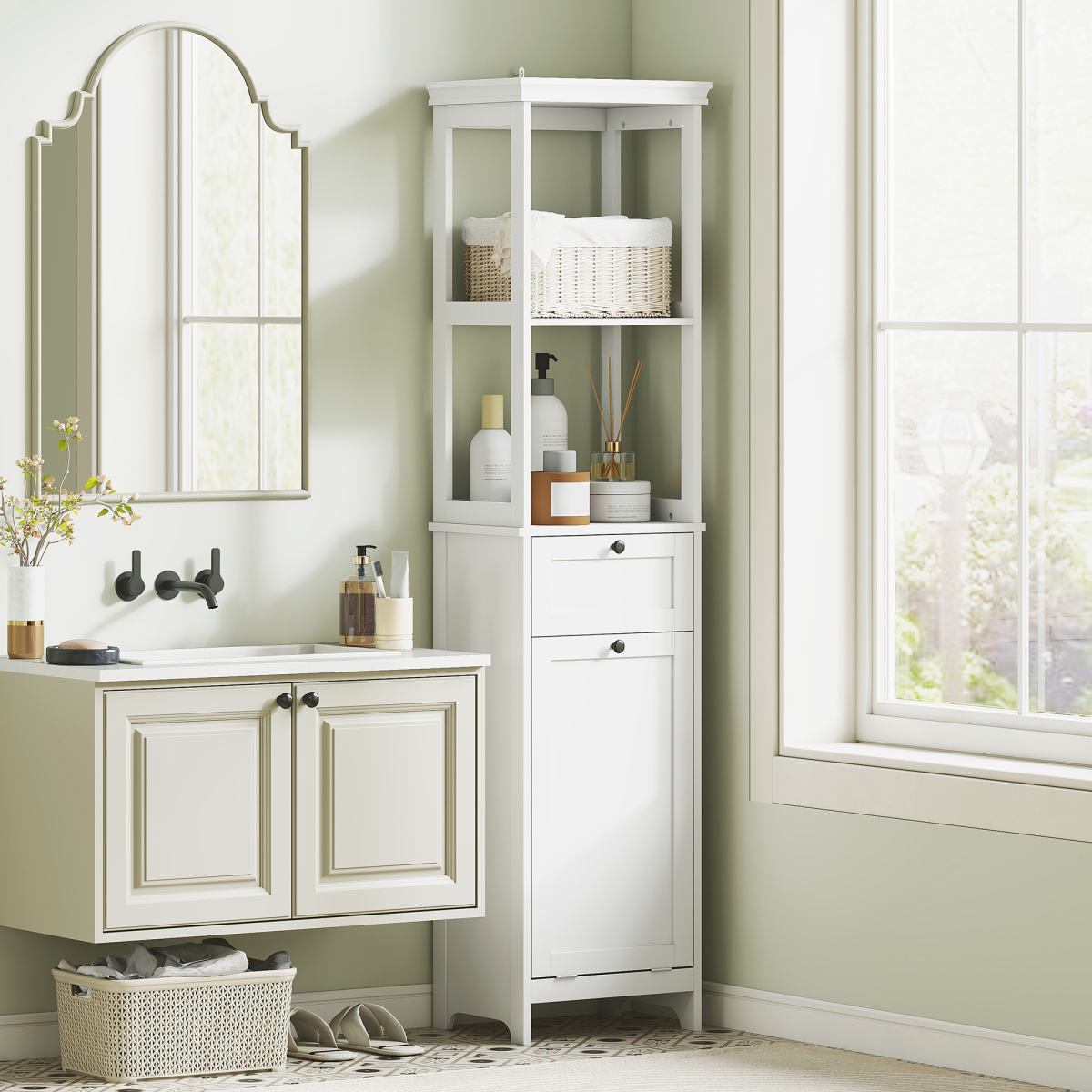 Slim Bathroom Storage: Stylish Unit with Tilt-Out Laundry Drawer