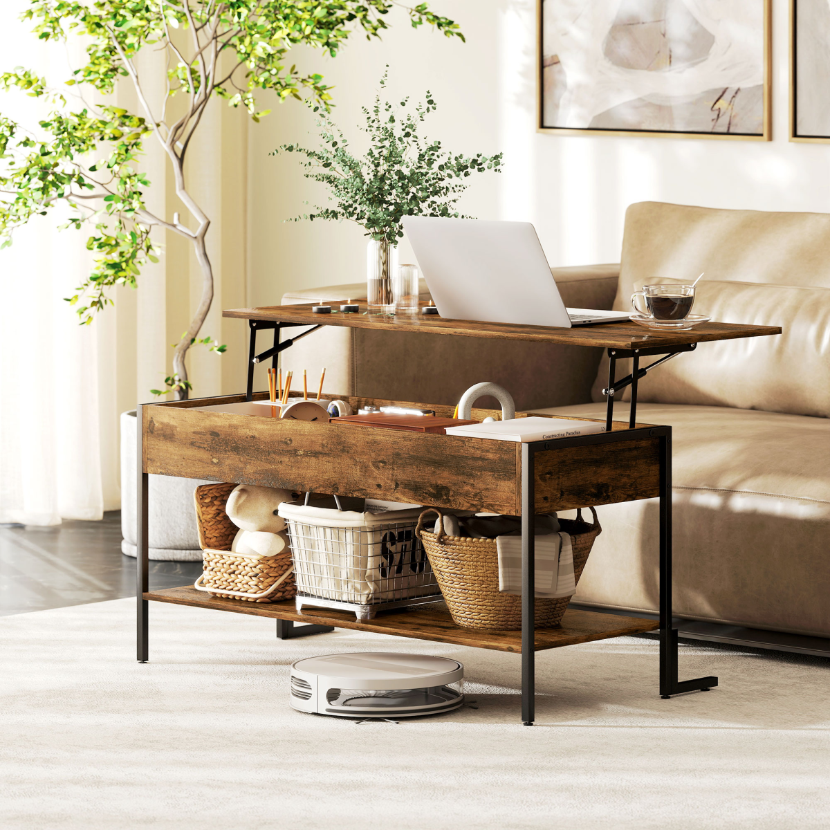 Versatile Rustic Lift Top Coffee Table with Ample Storage & Adjustable Feet