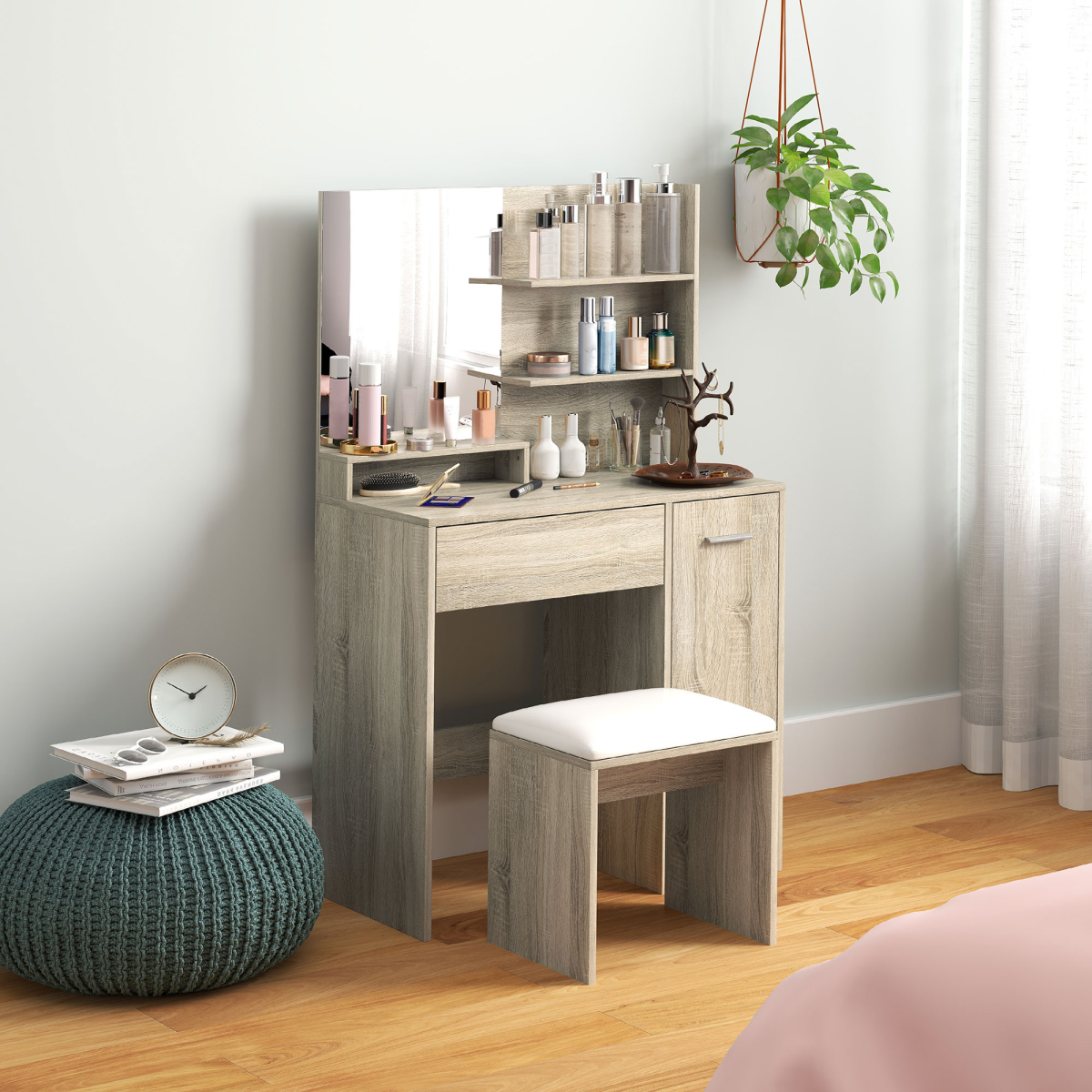 Vanity Set: Elegant Dressing Table with Mirror & Plush Stool