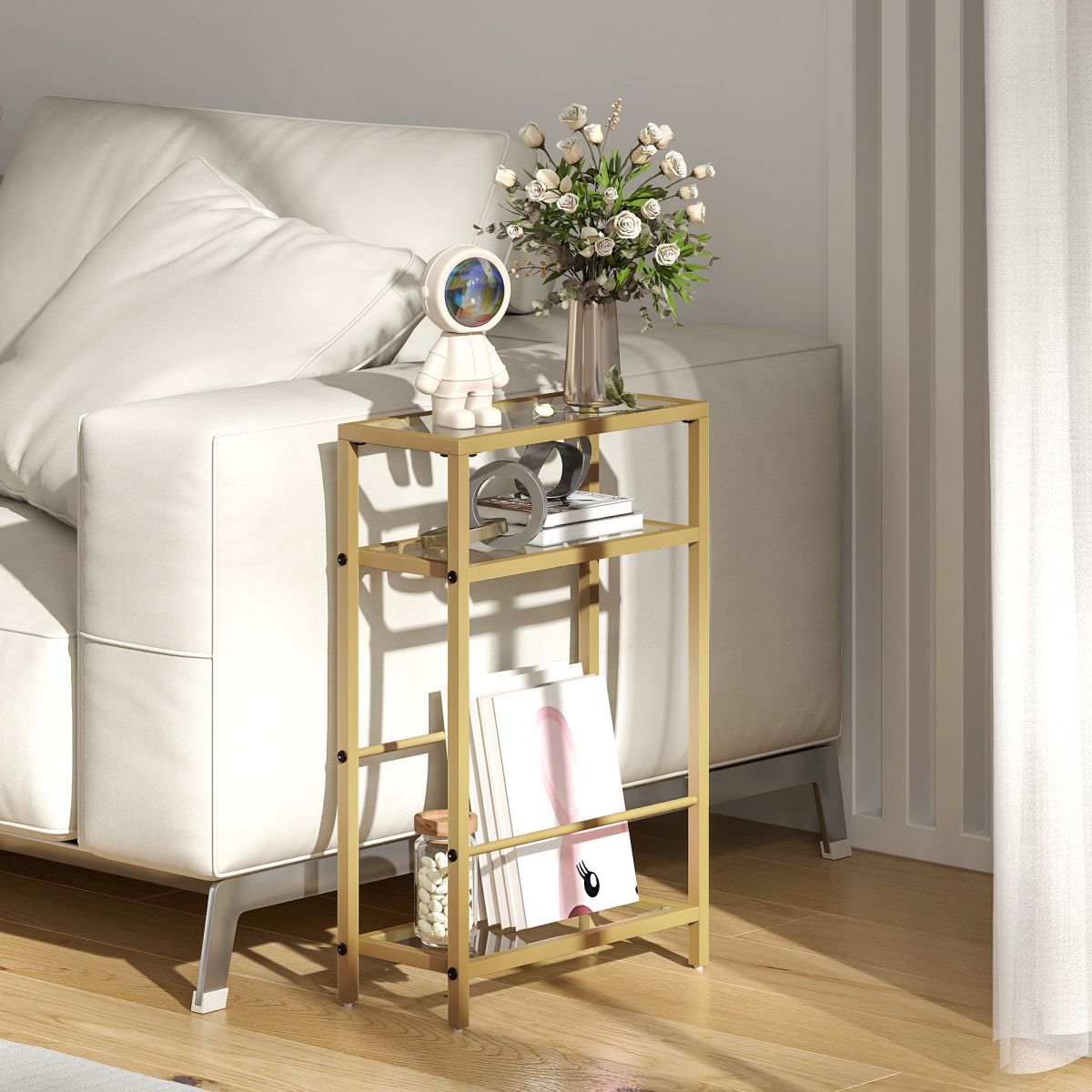 Gold Slim Side Table - Chic Tempered Glass & Stylish Steel Frame