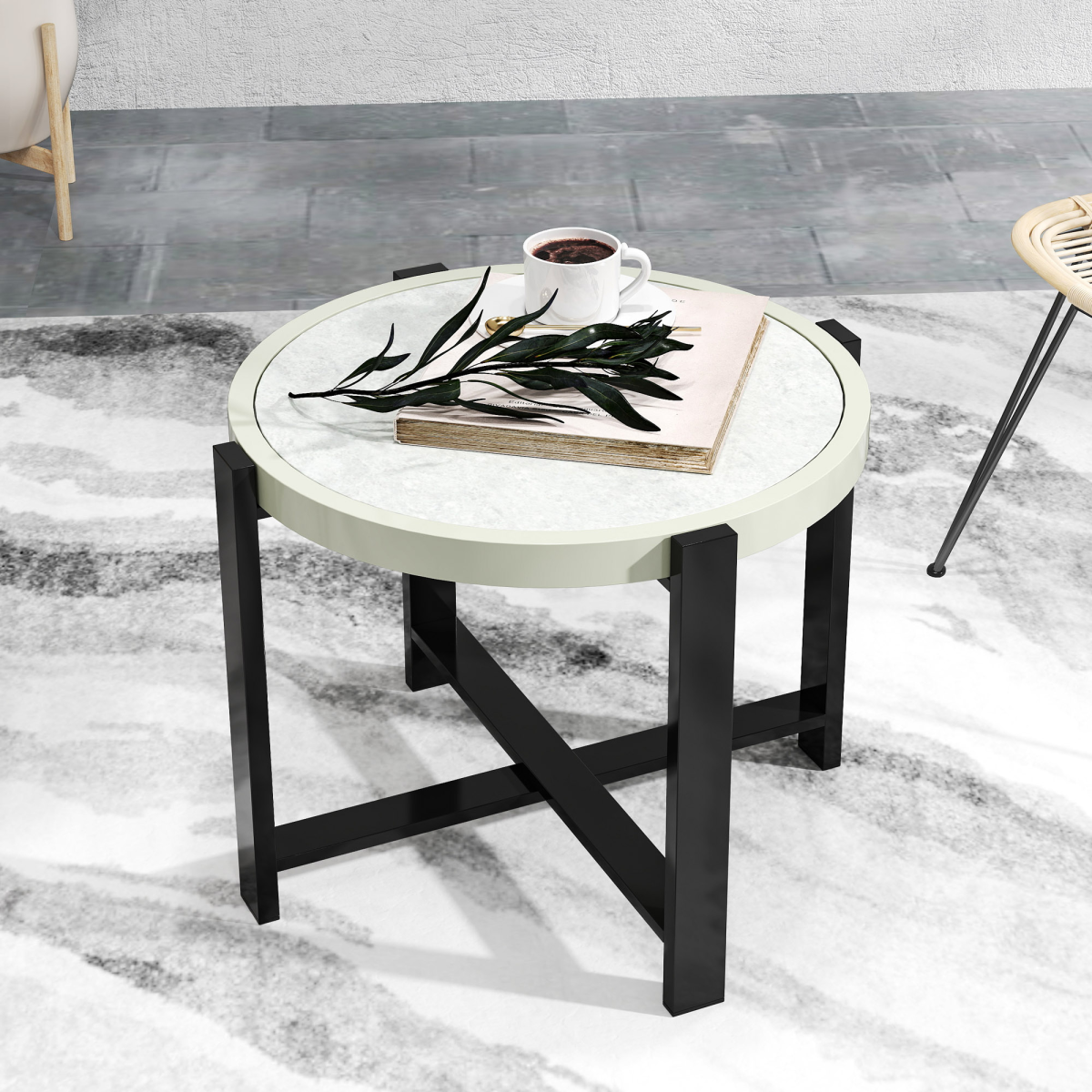 Chic Faux Marble Garden End Table - Modern Light Grey Design