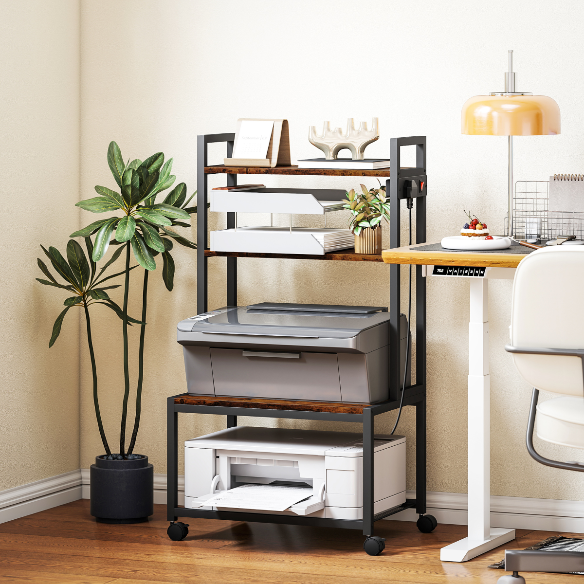 4-Tier Mobile Printer Stand with Outlets & Casters for Home Office