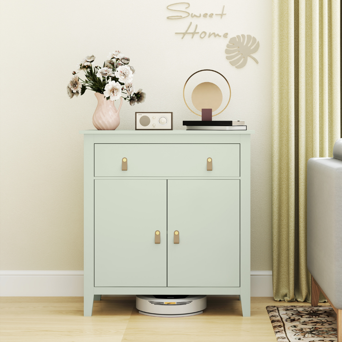 Chic Farmhouse Sideboard with Drawer and Adjustable Shelves - Light Green