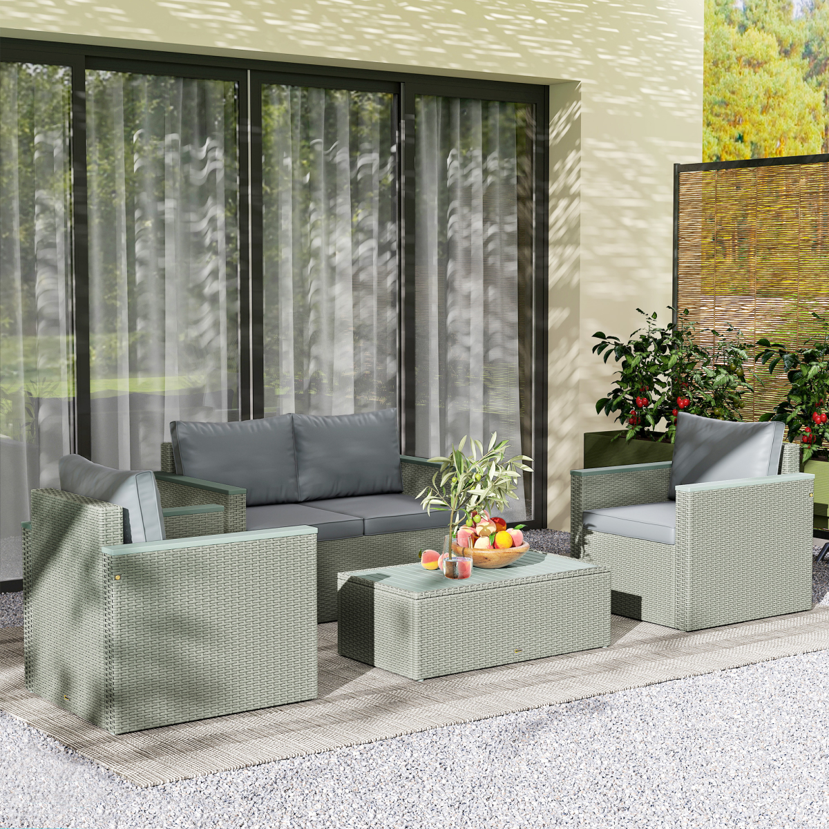 Chic 4-Piece Rattan Garden Set with Cushions - Light Grey Comfort!