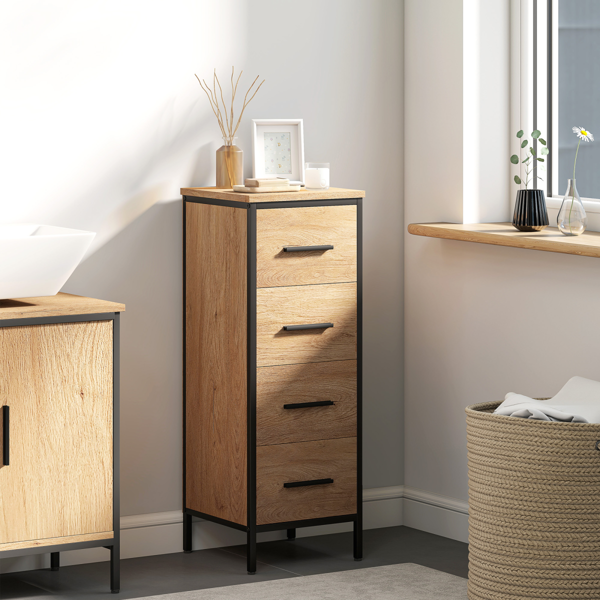 Slim Oak Bathroom Storage Cabinet with 4 Drawers – Space-Saving Solution!