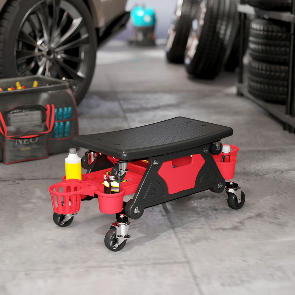 Heavy-Duty Rolling Mechanic Stool with Storage - 135kg, Red
