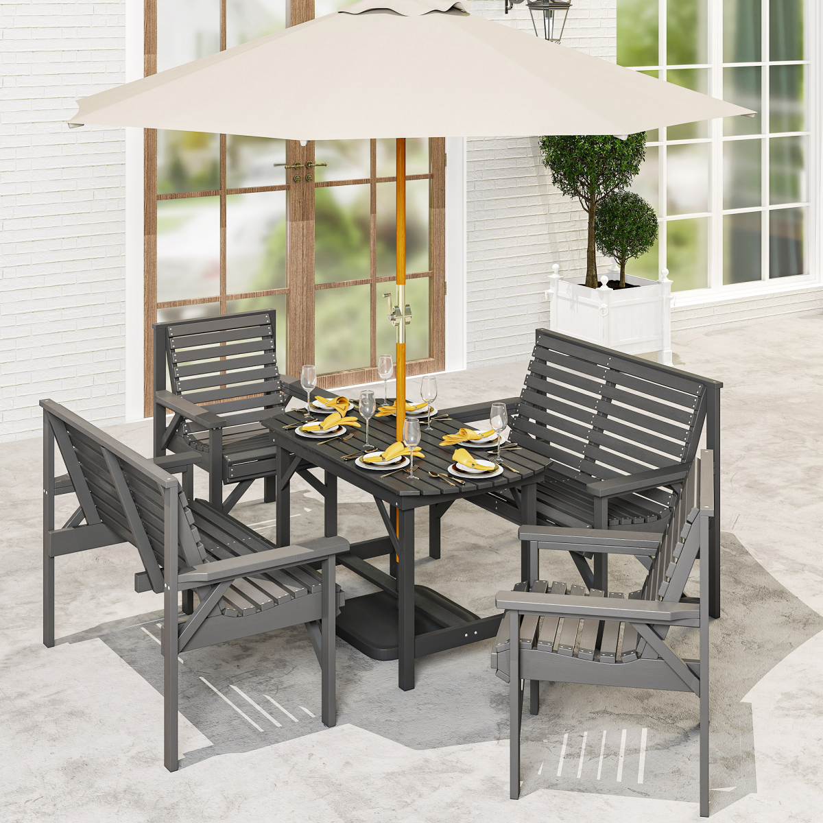 5-Piece Wooden Patio Dining Set with Umbrella Hole - Grey Elegance