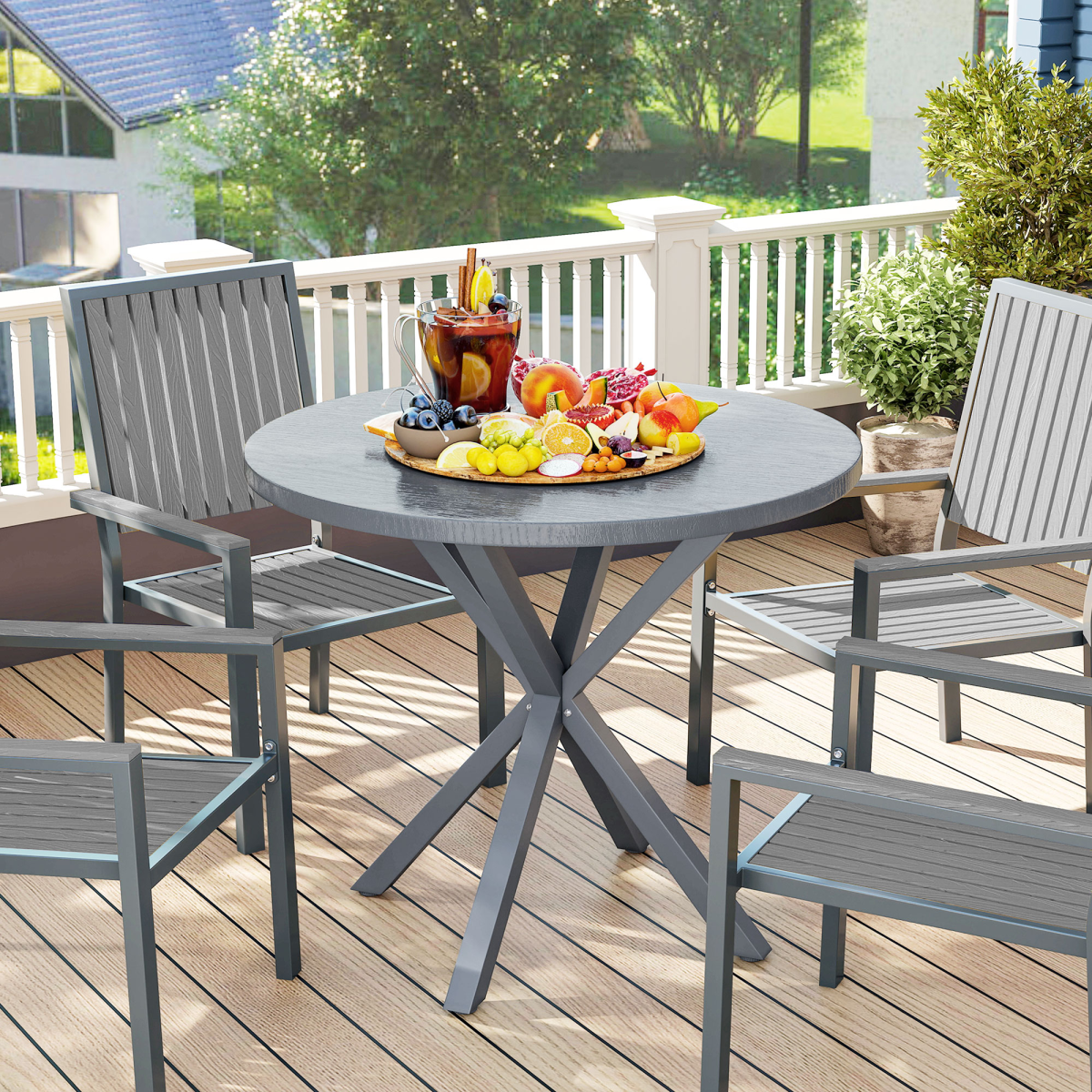 Round Garden Dining Table - Stylish Steel Frame & Wood-Effect Top