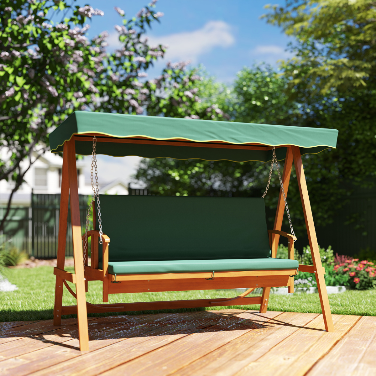 3-Seater Wooden Garden Swing Chair with Cushions & Canopy