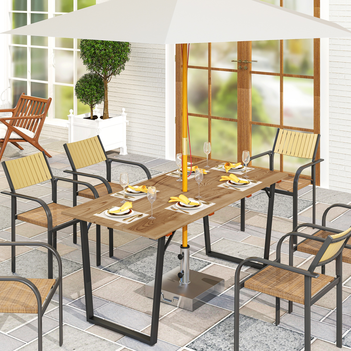 6-Person Wooden Garden Table with Parasol Hole for Outdoor Dining