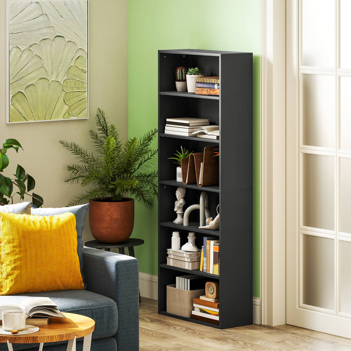 Modern 6-Tier Adjustable Bookshelf - Stylish Freestanding Bookcase, Black