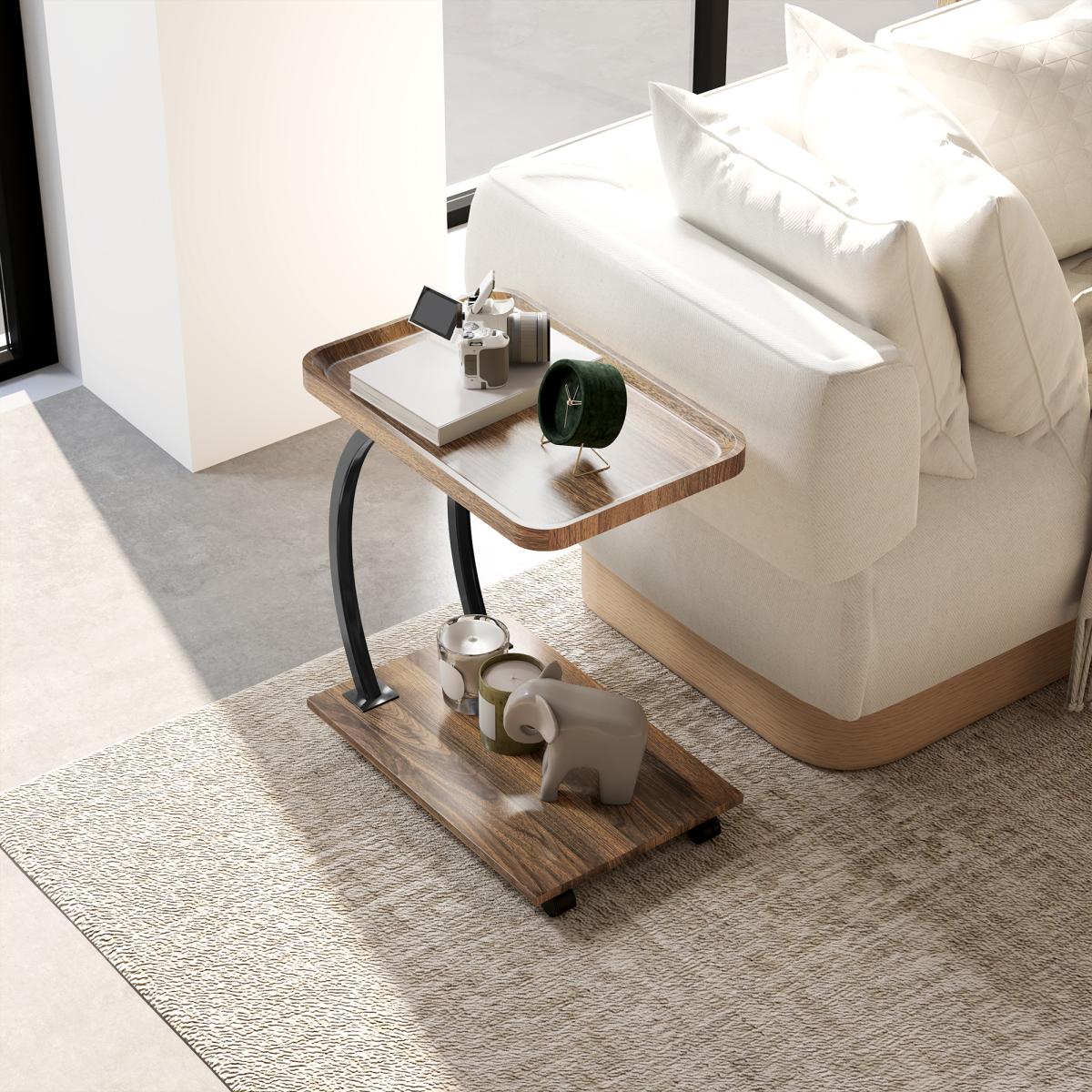 Versatile C-Shaped Side Table with Storage & Wheels for Any Room