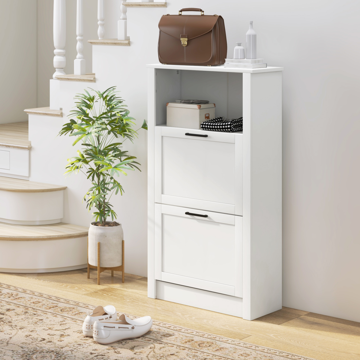 Slim White Shoe Cabinet - 2 Flip Drawers & Adjustable Shelves