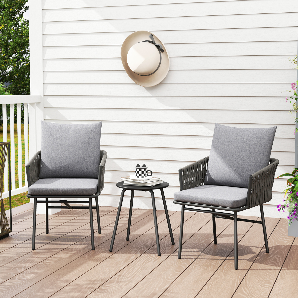 5-Piece Rattan Bistro Set - Stylish Outdoor Table & Cushions in Grey