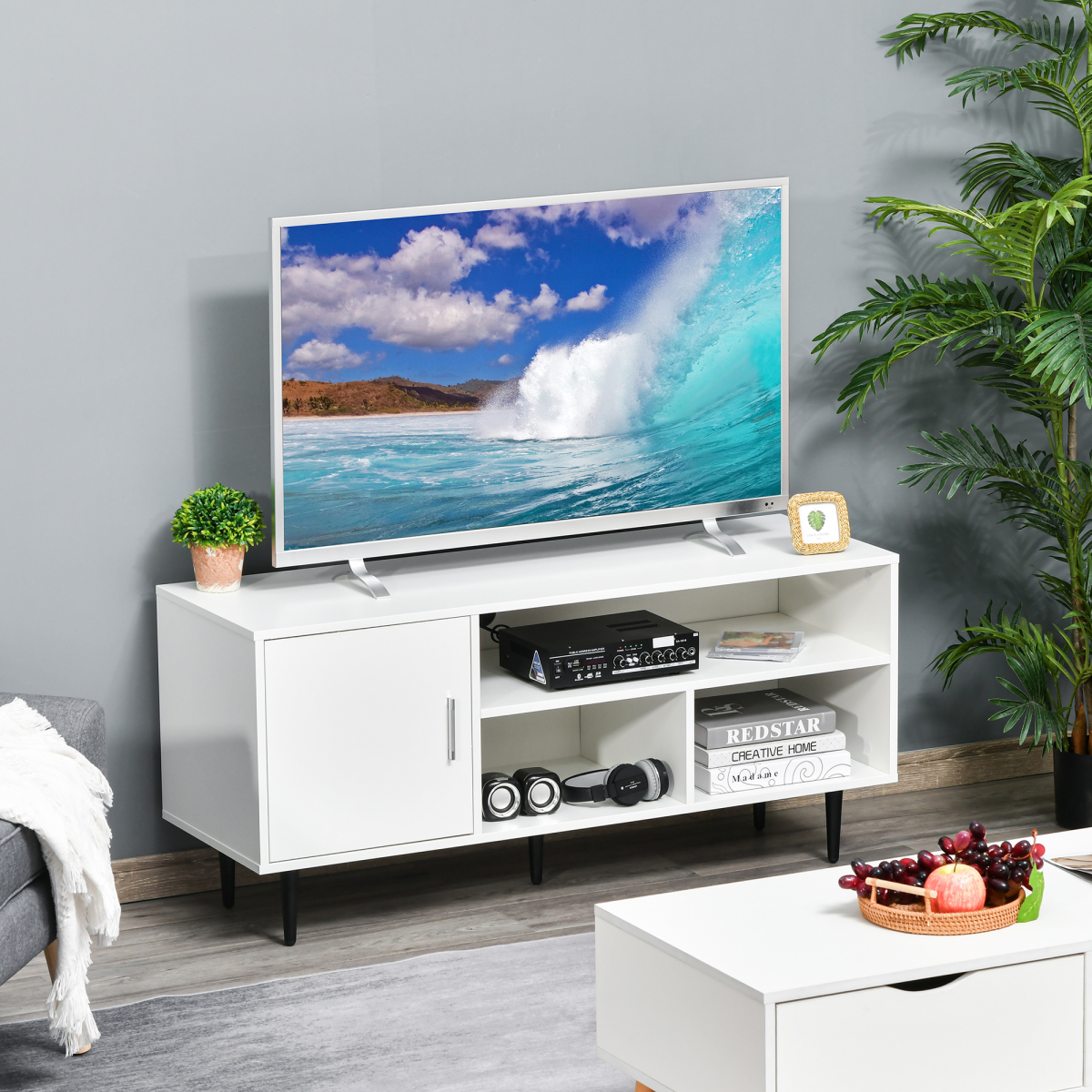 Sleek White TV Stand with Storage, Cable Management & Modern Design