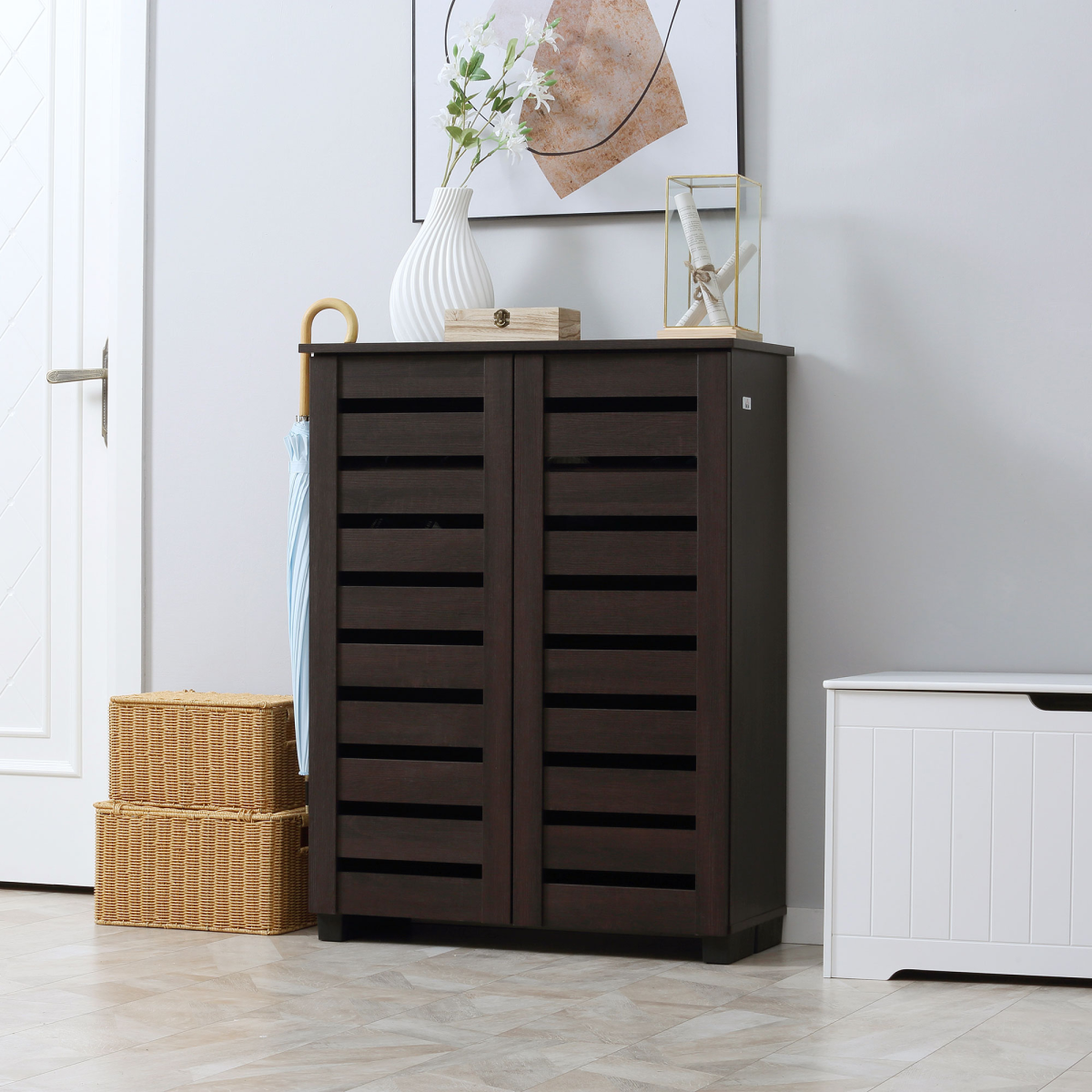 Elegant Shoe Cabinet - 15-Pair Capacity with Adjustable Shelves & Slatted Doors