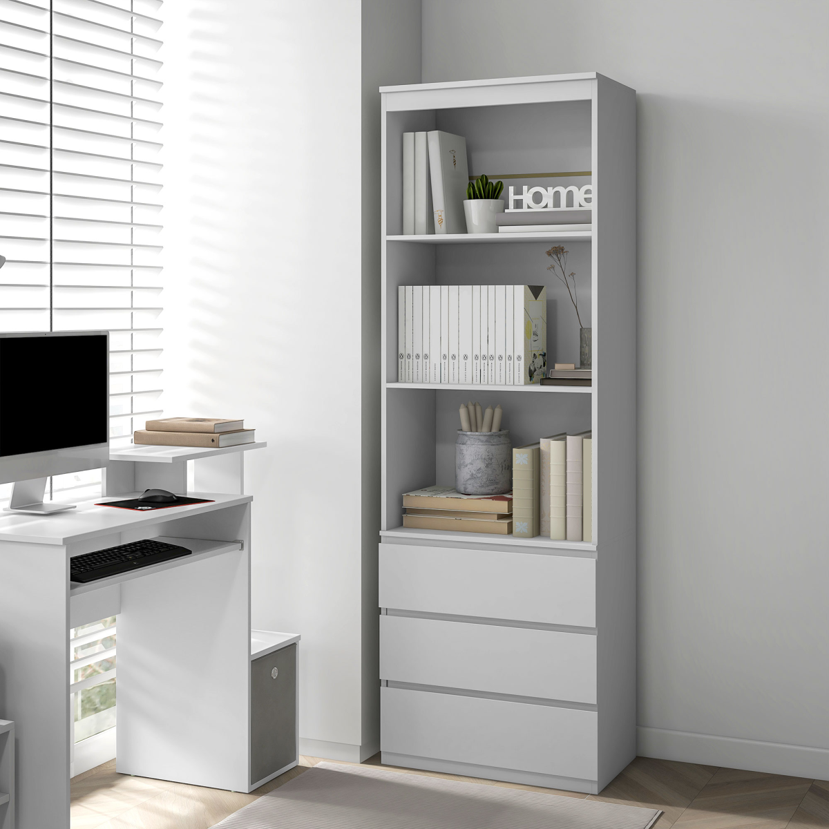 180cm Tall White Bookshelf with Hidden Drawer Storage - Space-Saving Style