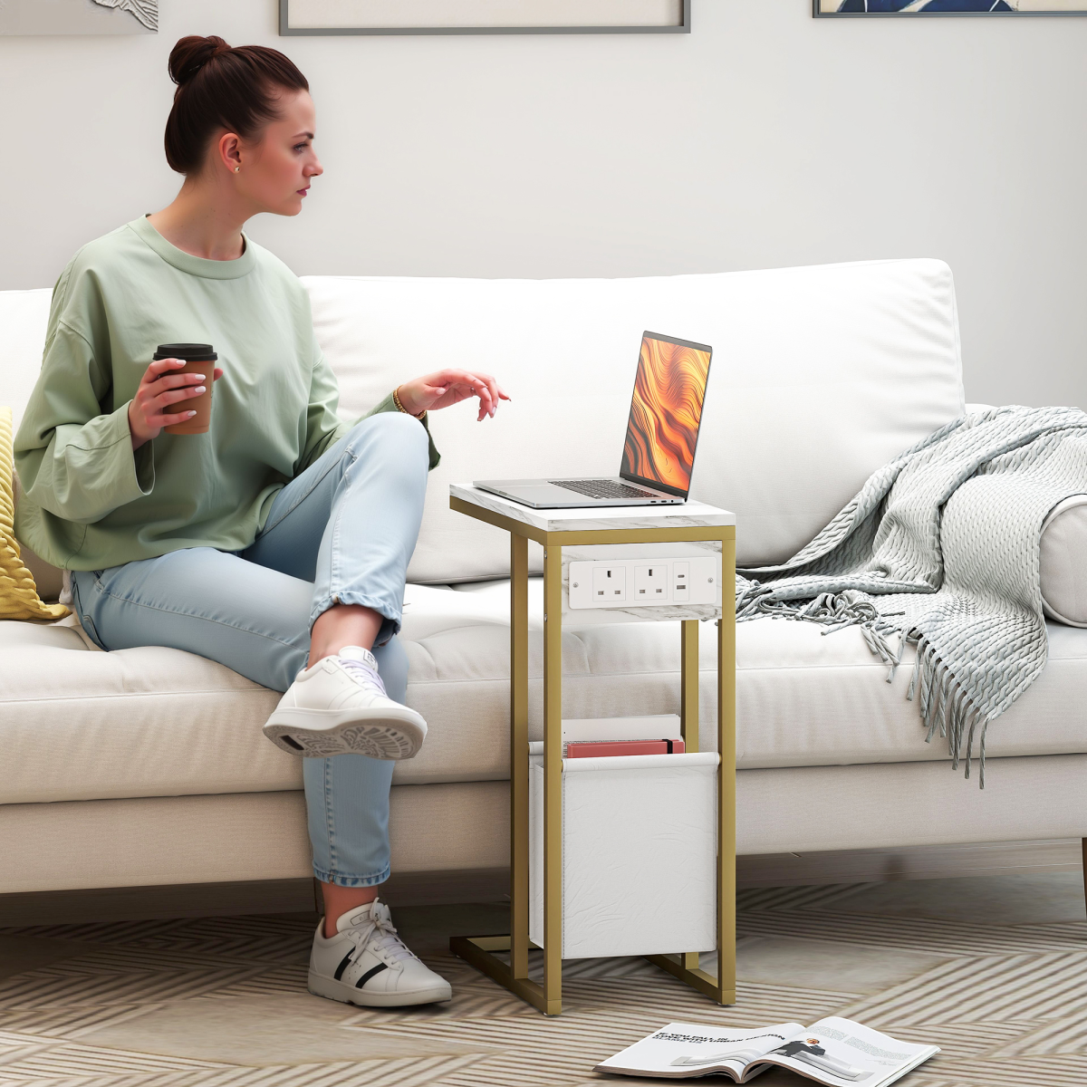 Modern C-Shaped Faux Marble Side Table with Charging Station & Chic Storage