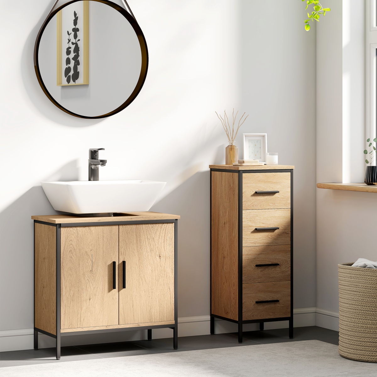 Chic Oak Under Sink Cabinet with Adjustable Shelf & Dual Doors