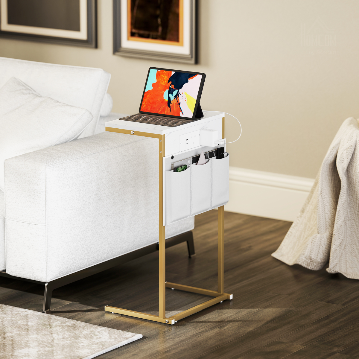 C-Shaped Side Table & Charging Station: Modern Marble Design & Storage
