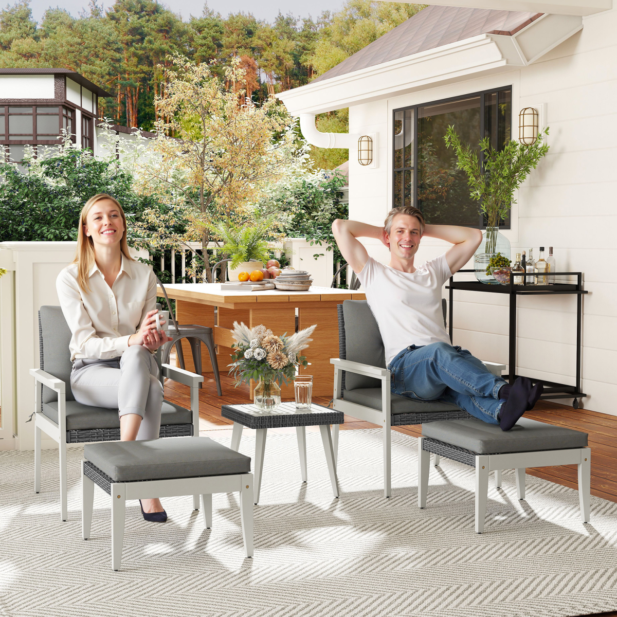 5-Piece Rattan Patio Set with Stylish Acacia Wood Coffee Table