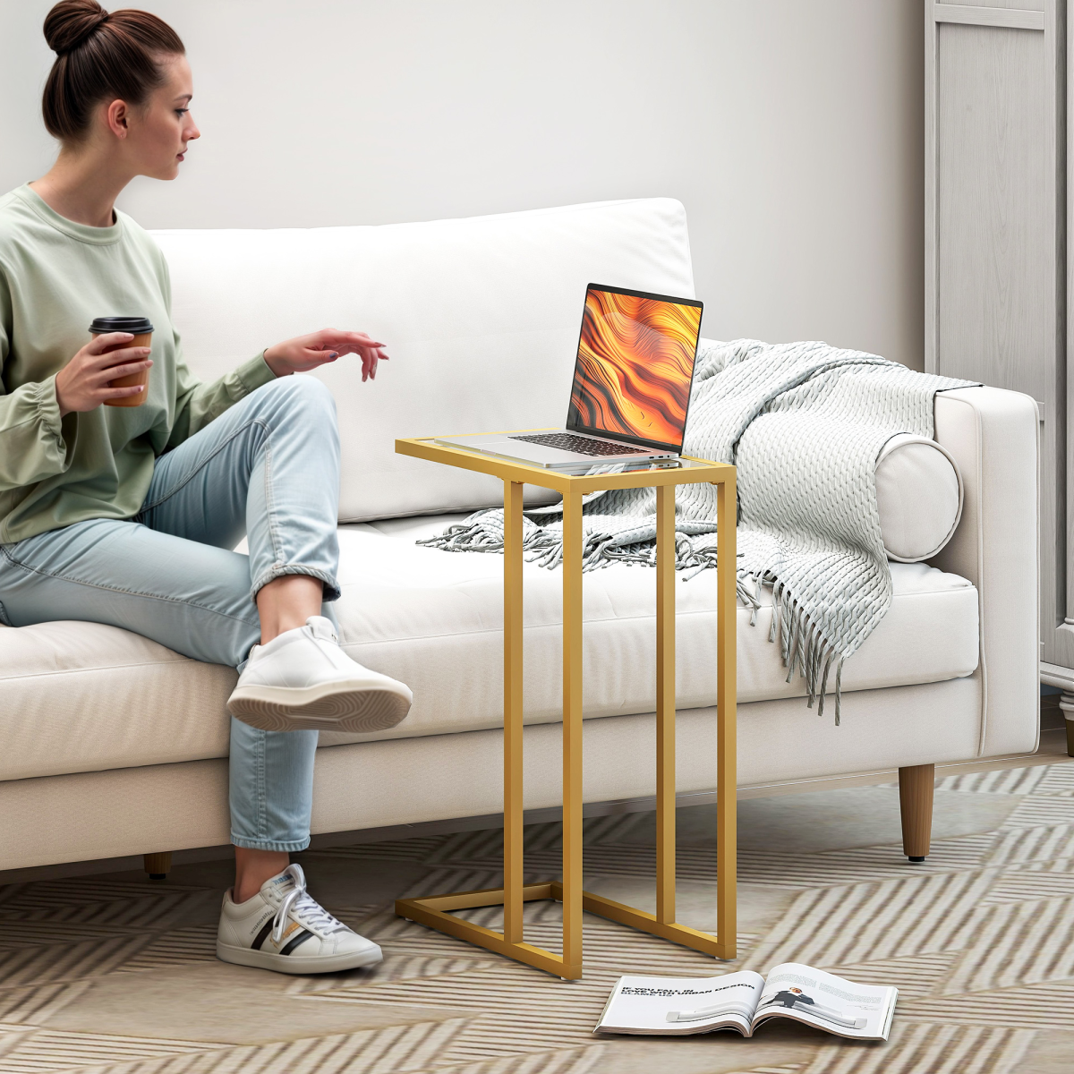 Elegant C-Shaped Glass Side Table - Stylish Gold Steel Frame