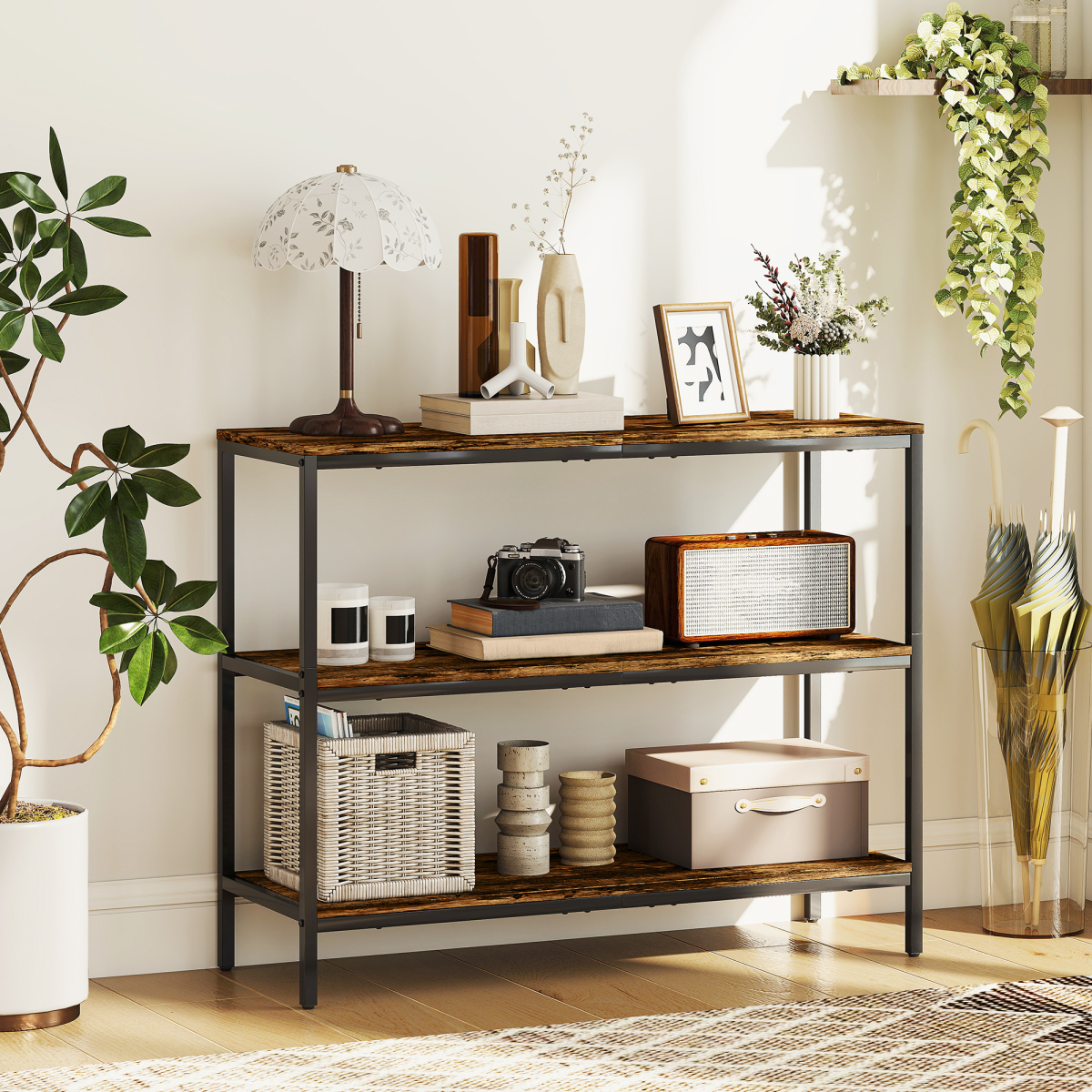 Rustic Industrial 3-Tier Console Table - Stylish Storage Solution