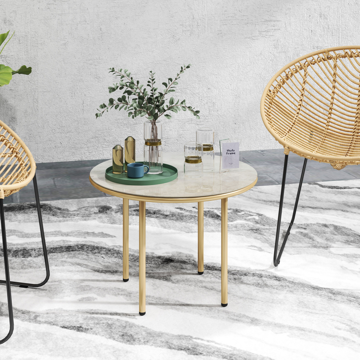 Chic Round Table with Elegant Faux Marble Glass Top - Beige