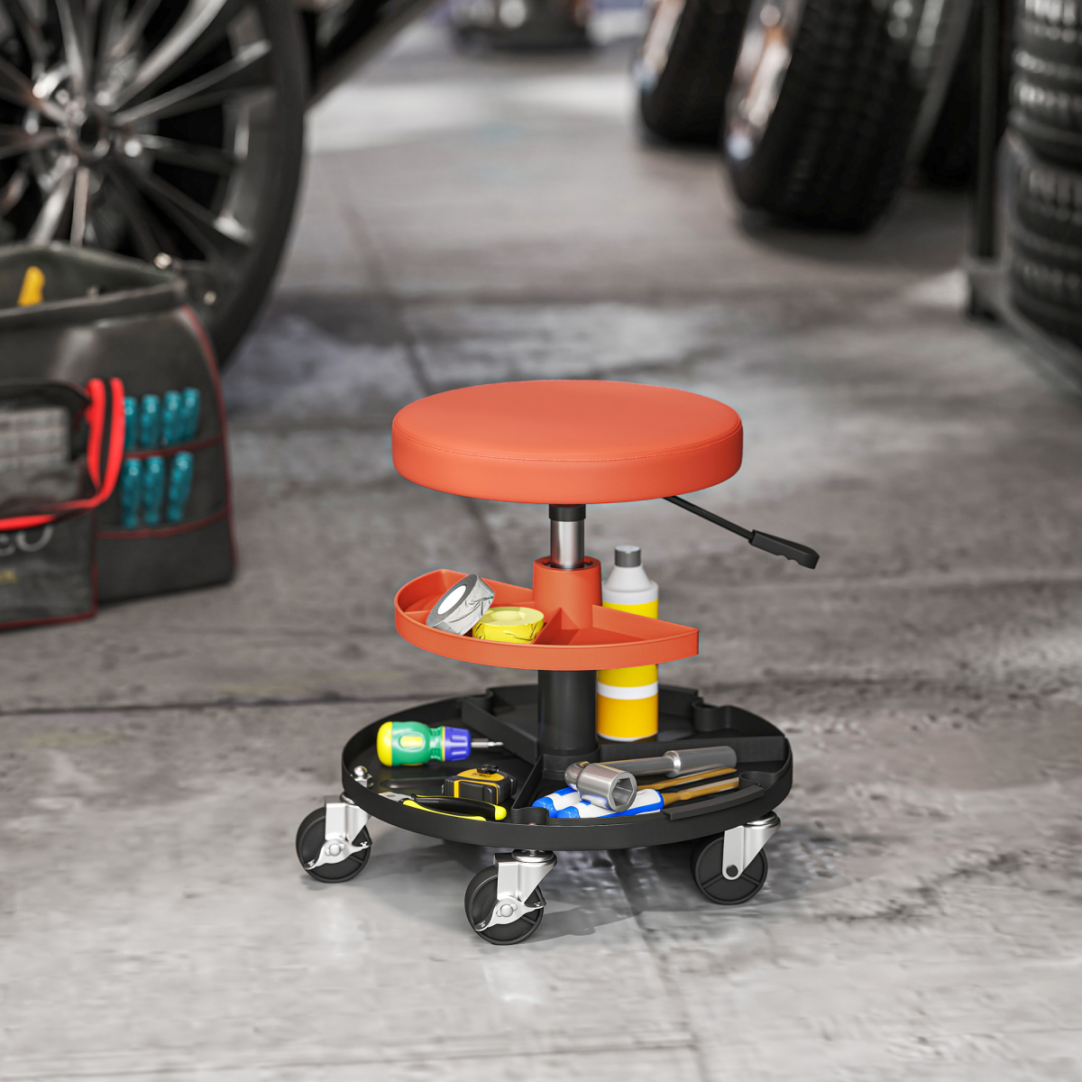 Yellow Rolling Mechanic Stool - 135kg Capacity & Pneumatic Height Adjust