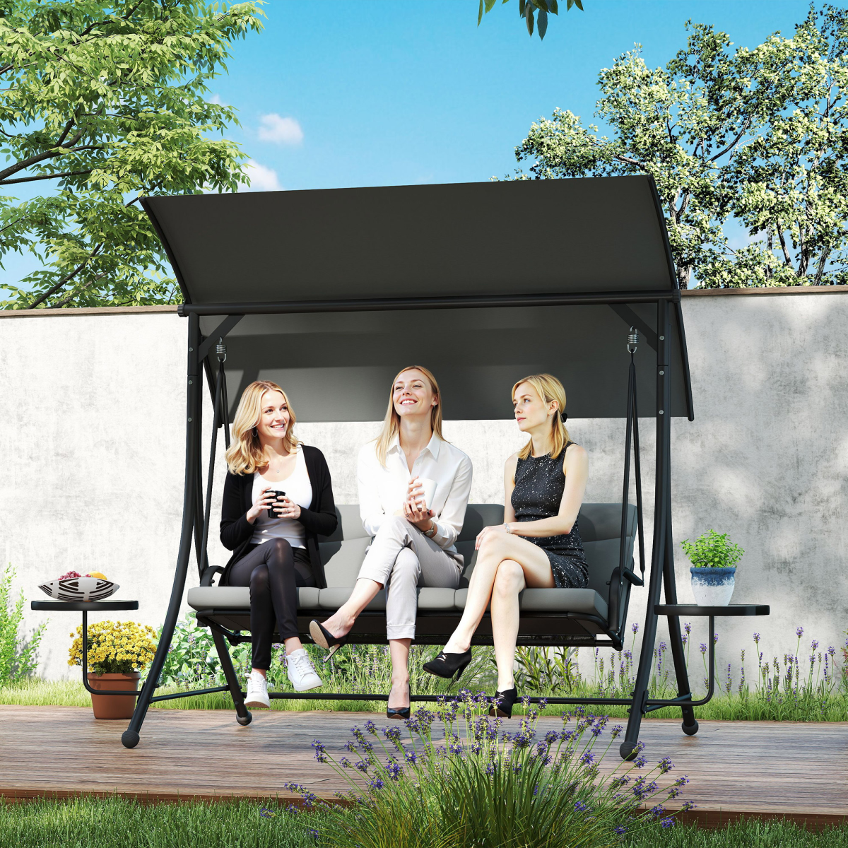 3-Seater Patio Swing Chair with Adjustable Canopy & Glass Tables