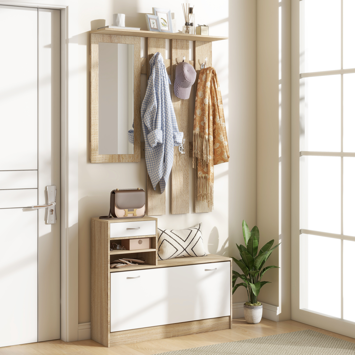 Transform Your Entryway: 3-in-1 Hallway Organizer with Shoe Cabinet & Mirror