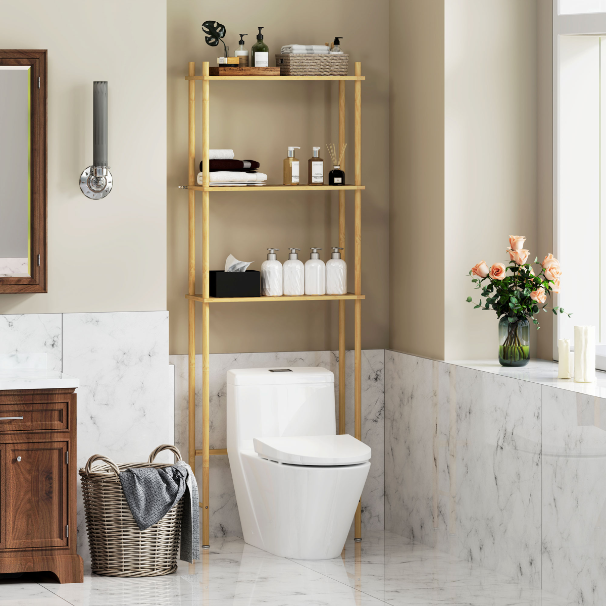 Maximize Space: Bamboo Over Toilet Storage Unit with 3 Shelves
